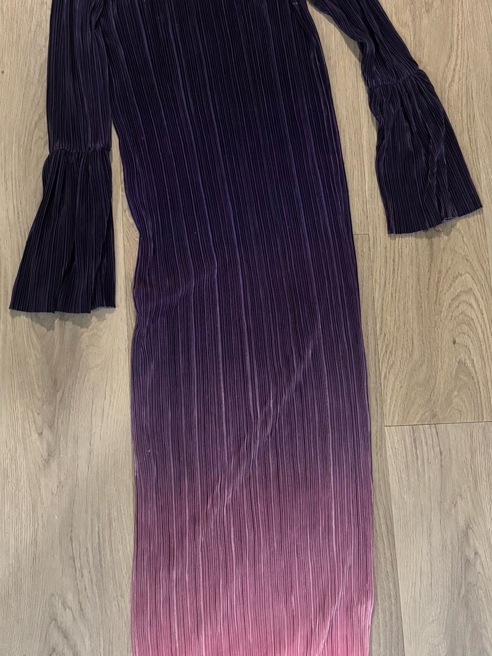 Ombre Purple to Pink Pleated Maxi Dress with Bell Sleeves
